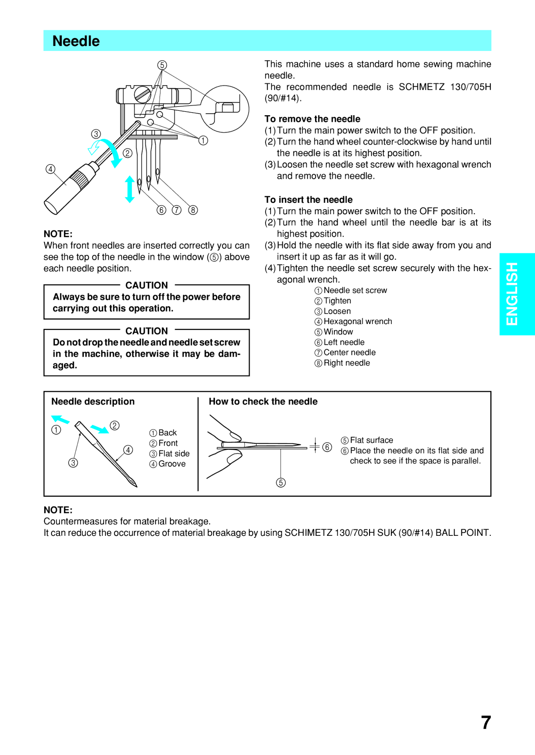 Brother 2340CV operation manual To remove the needle, To insert the needle, Needle description, How to check the needle 