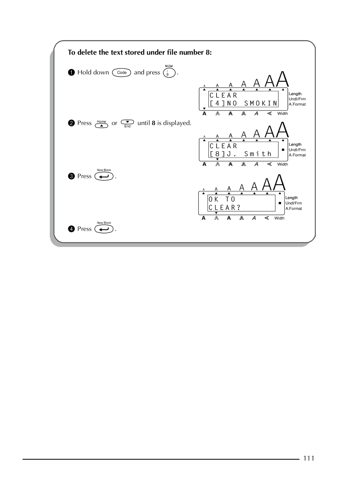 Brother 2410, 2400 manual To delete the text stored under ﬁle number 