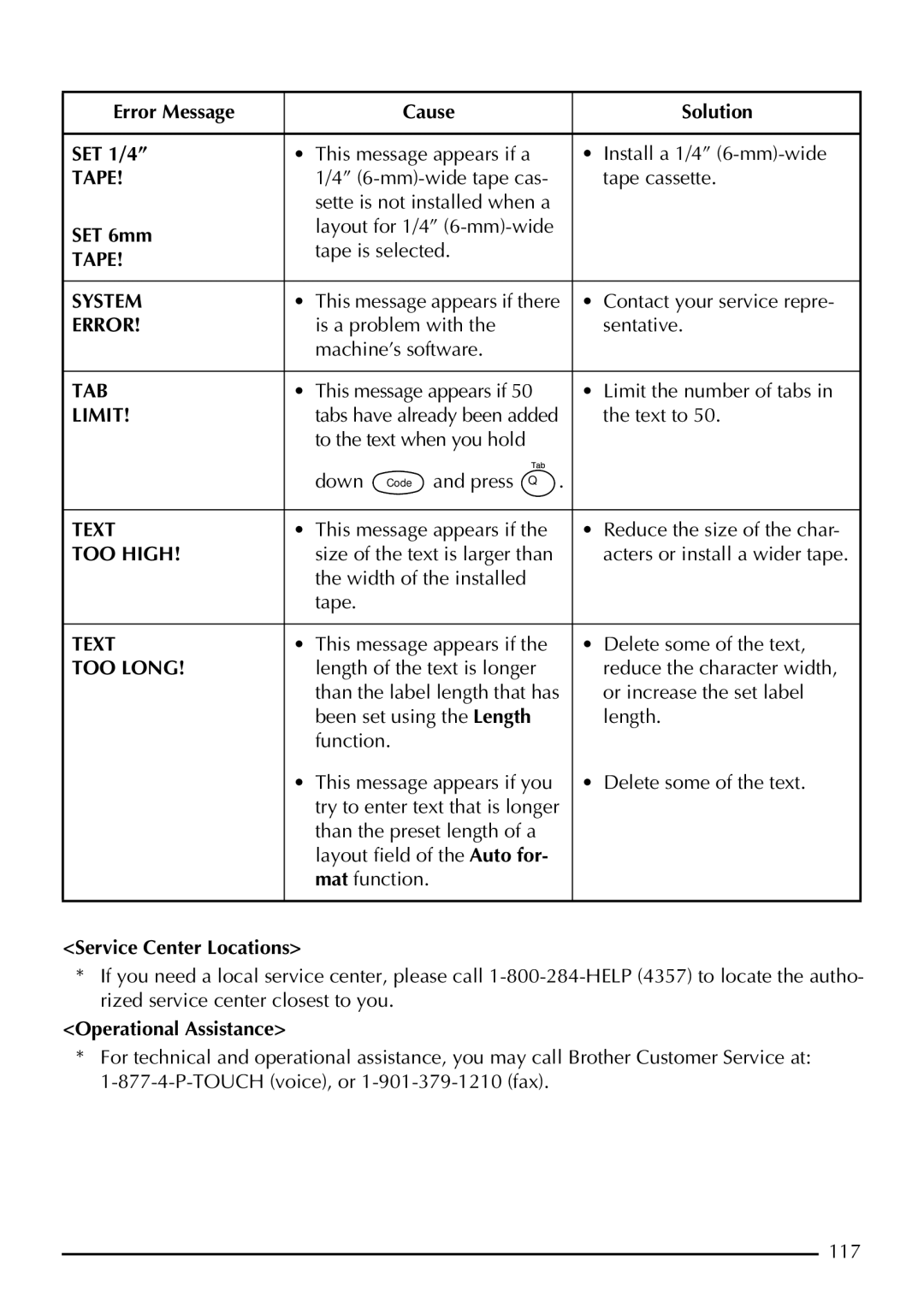 Brother 2410, 2400 manual Error Message Cause Solution SET 1/4, SET 6mm, Service Center Locations, Operational Assistance 