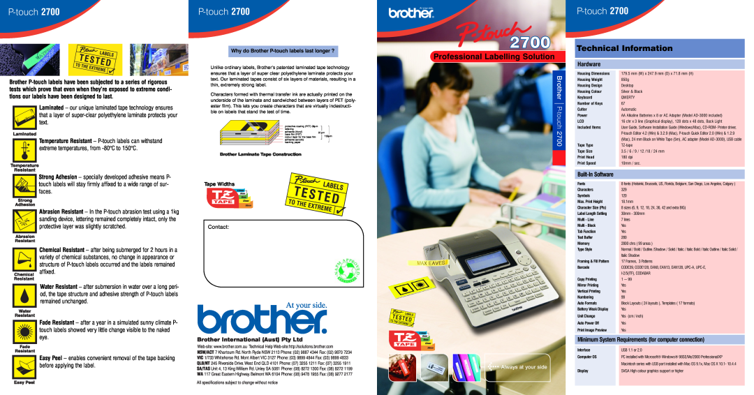 Brother 2700 specifications Technical Information, Professional Labelling Solution, Brother P-touch, Hardware 