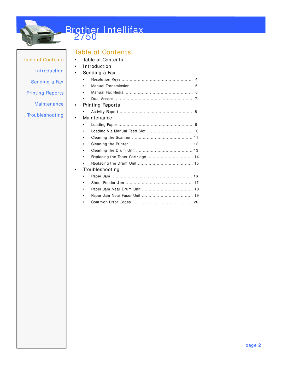 Brother 2750 manual Table of Contents 