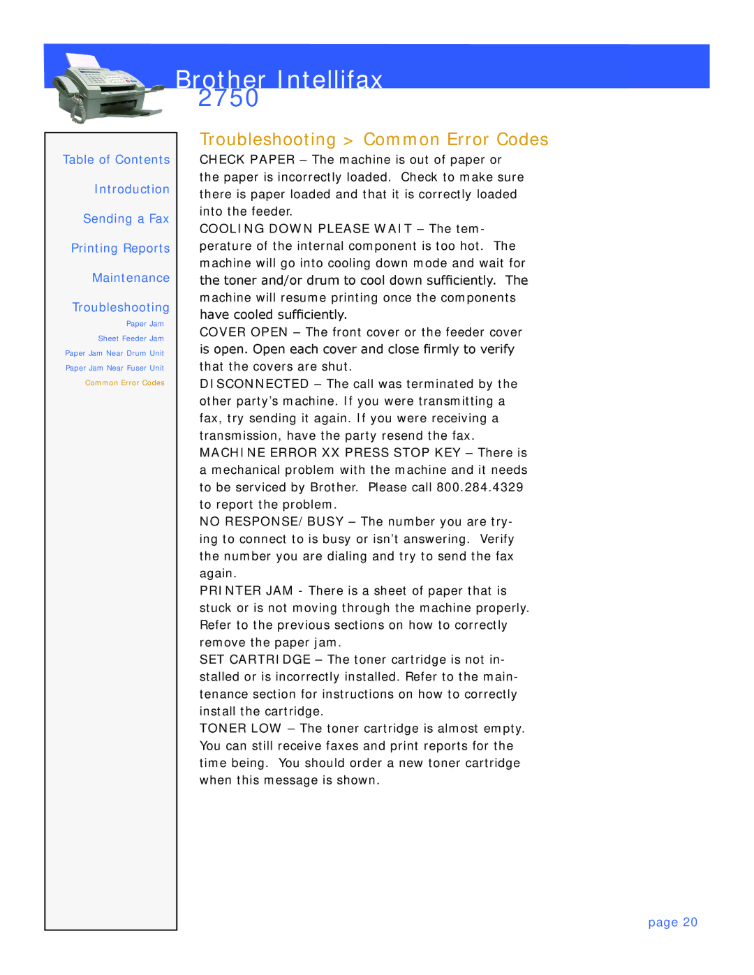 Brother 2750 manual Troubleshooting Common Error Codes 