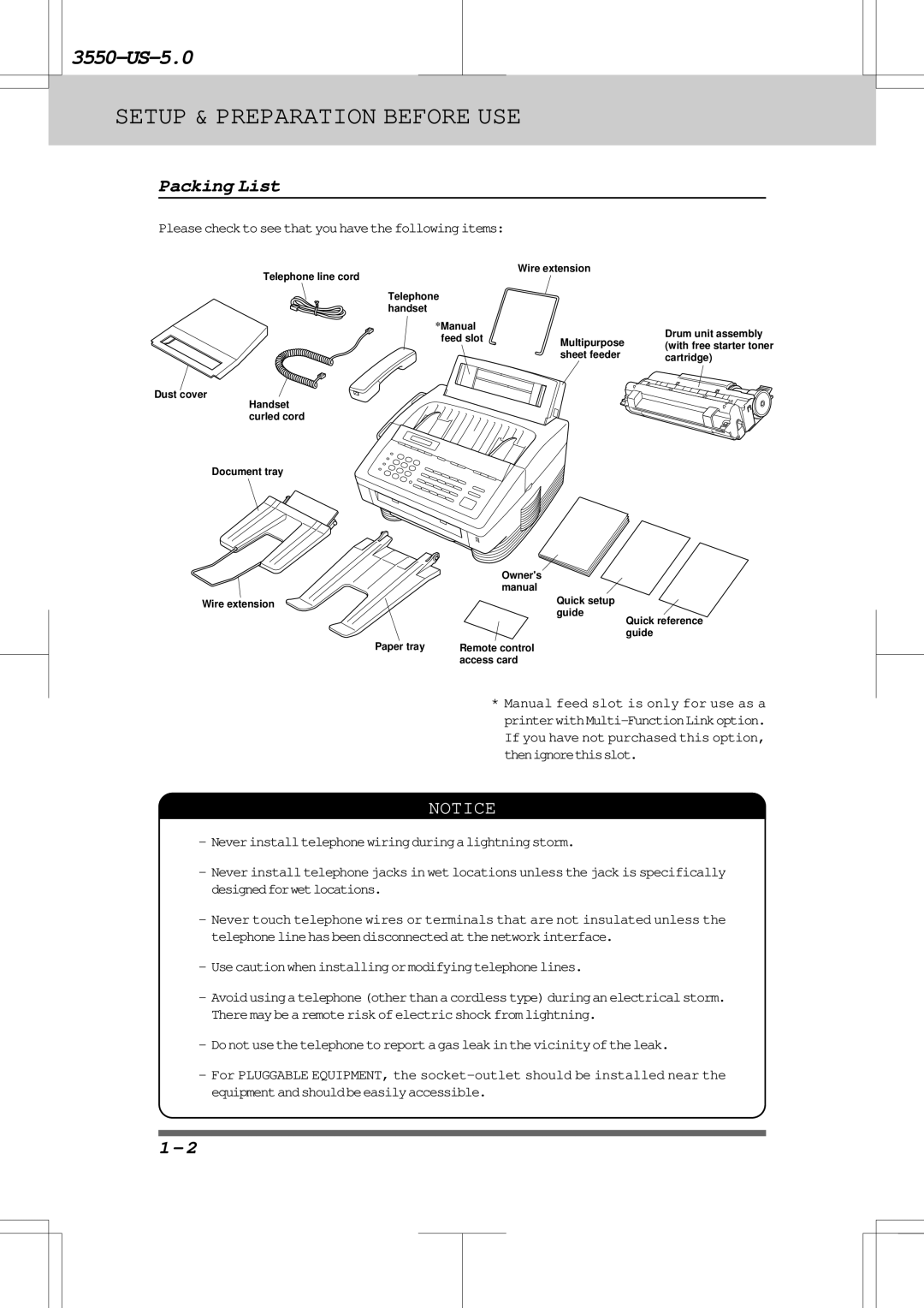 Brother 3550 Packing List, Pleasechecktoseethatyouhavethefollowingitems, Usecautionwheninstallingormodifyingtelephonelines 