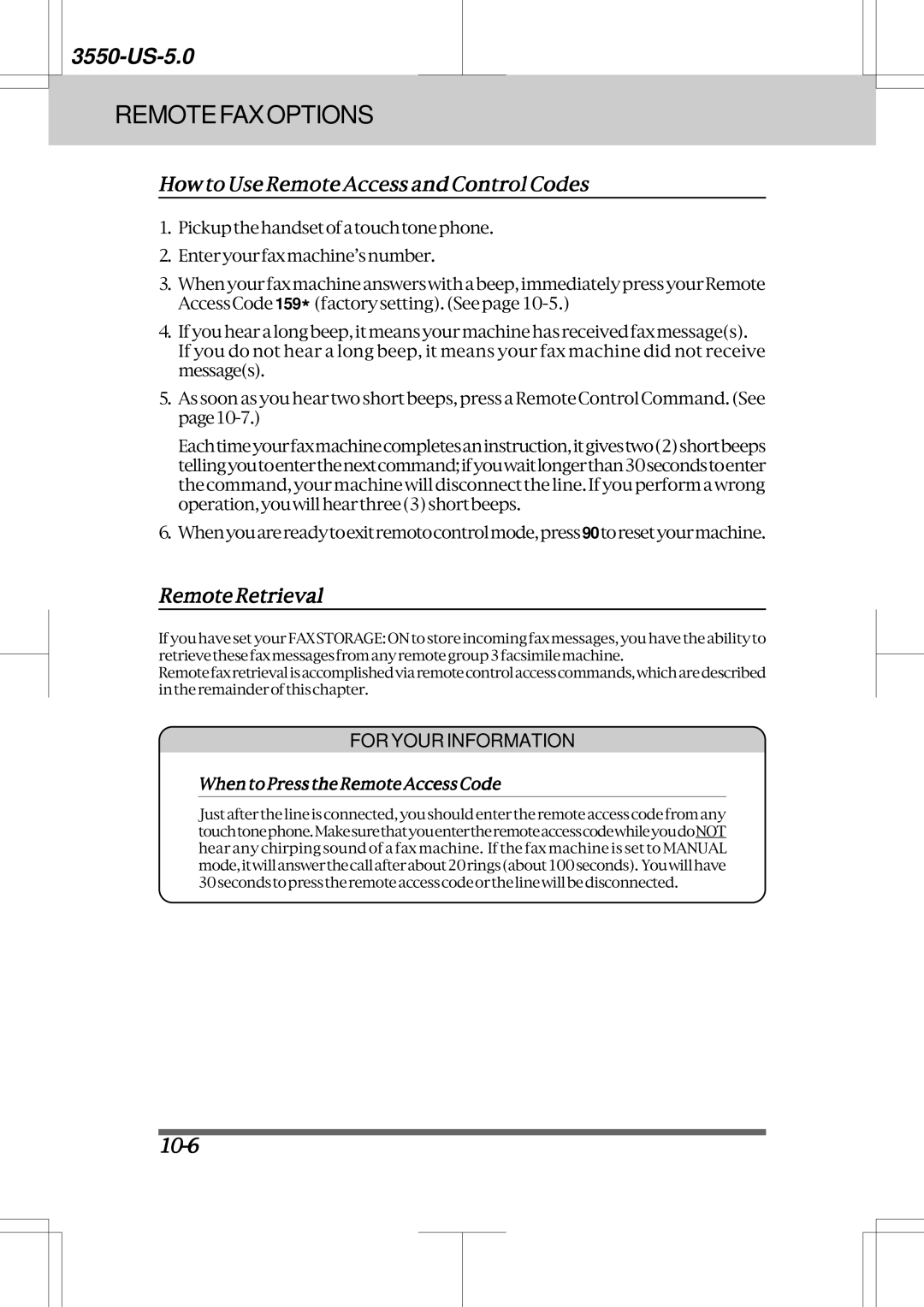 Brother 3550 manual HowtoUseRemoteAccessandControlCodes, RemoteRetrieval, 10-6, WhentoPresstheRemoteAccessCode 