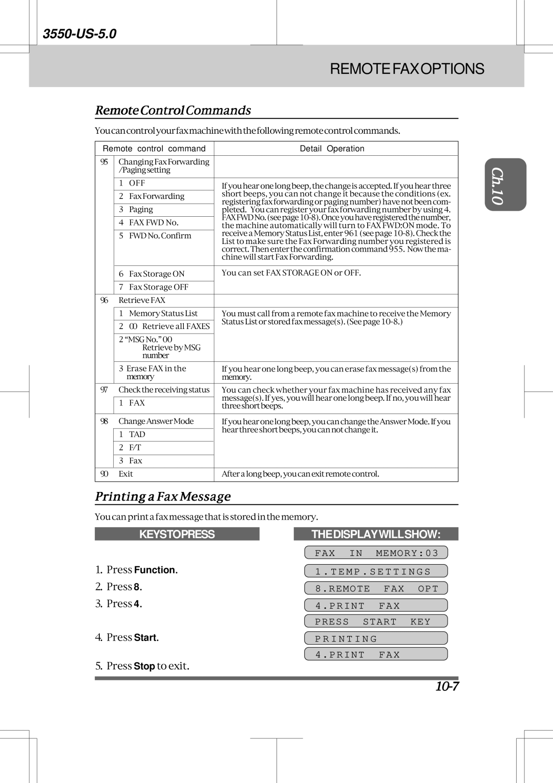 Brother 3550 manual RemoteControlCommands, Printing a Fax Message, 10-7, FAX MEMORY03 