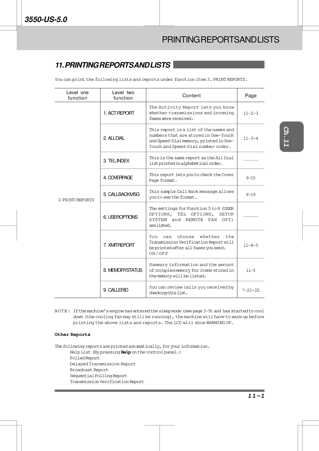 Brother 3550 manual Printingreportsandlists, 11-1 