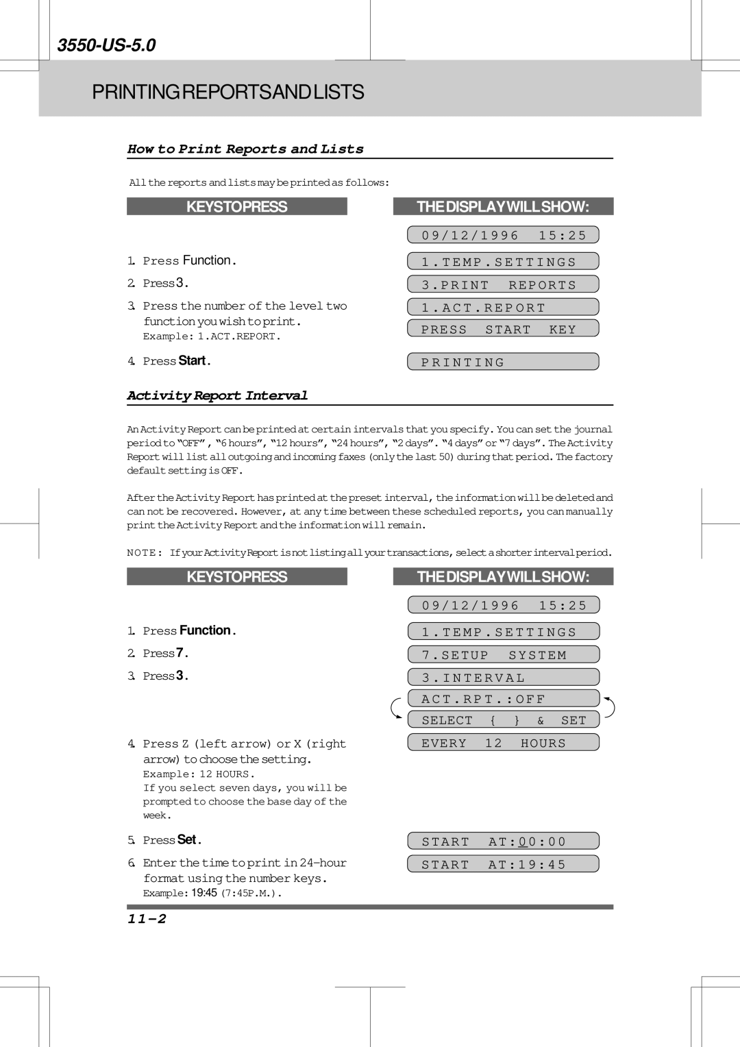 Brother 3550 How to Print Reports and Lists, Activity Report Interval, 11-2, T . R P T . O F F Select & SET Every 12 Hours 