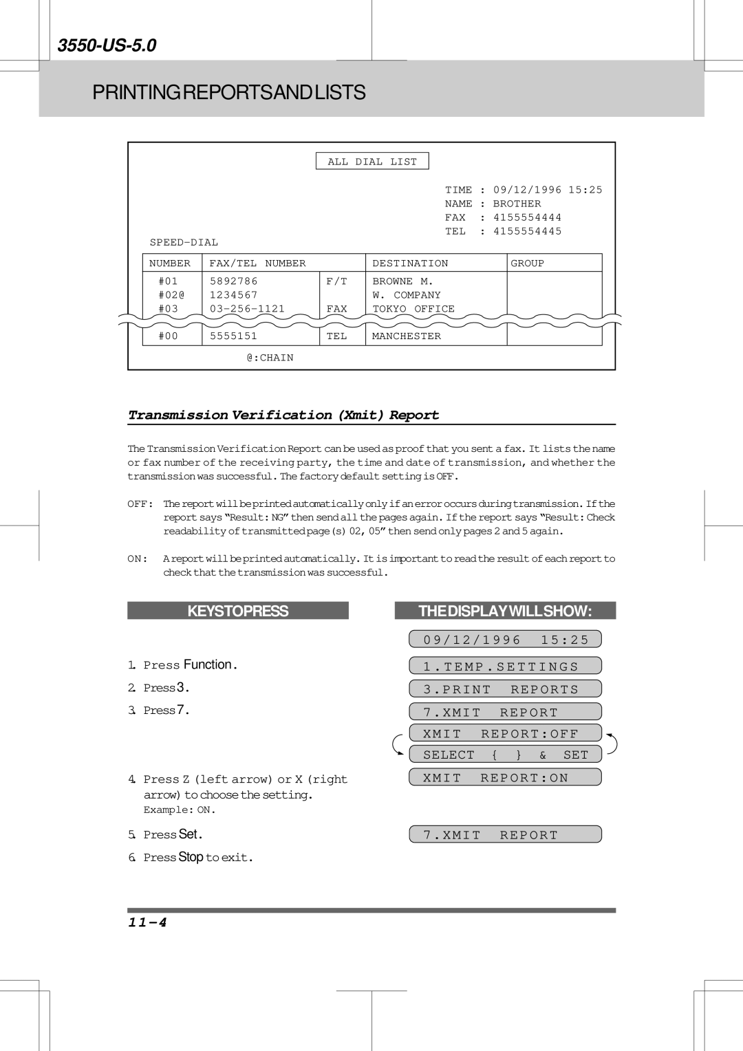 Brother 3550 manual Transmission Verification Xmit Report, 11-4 