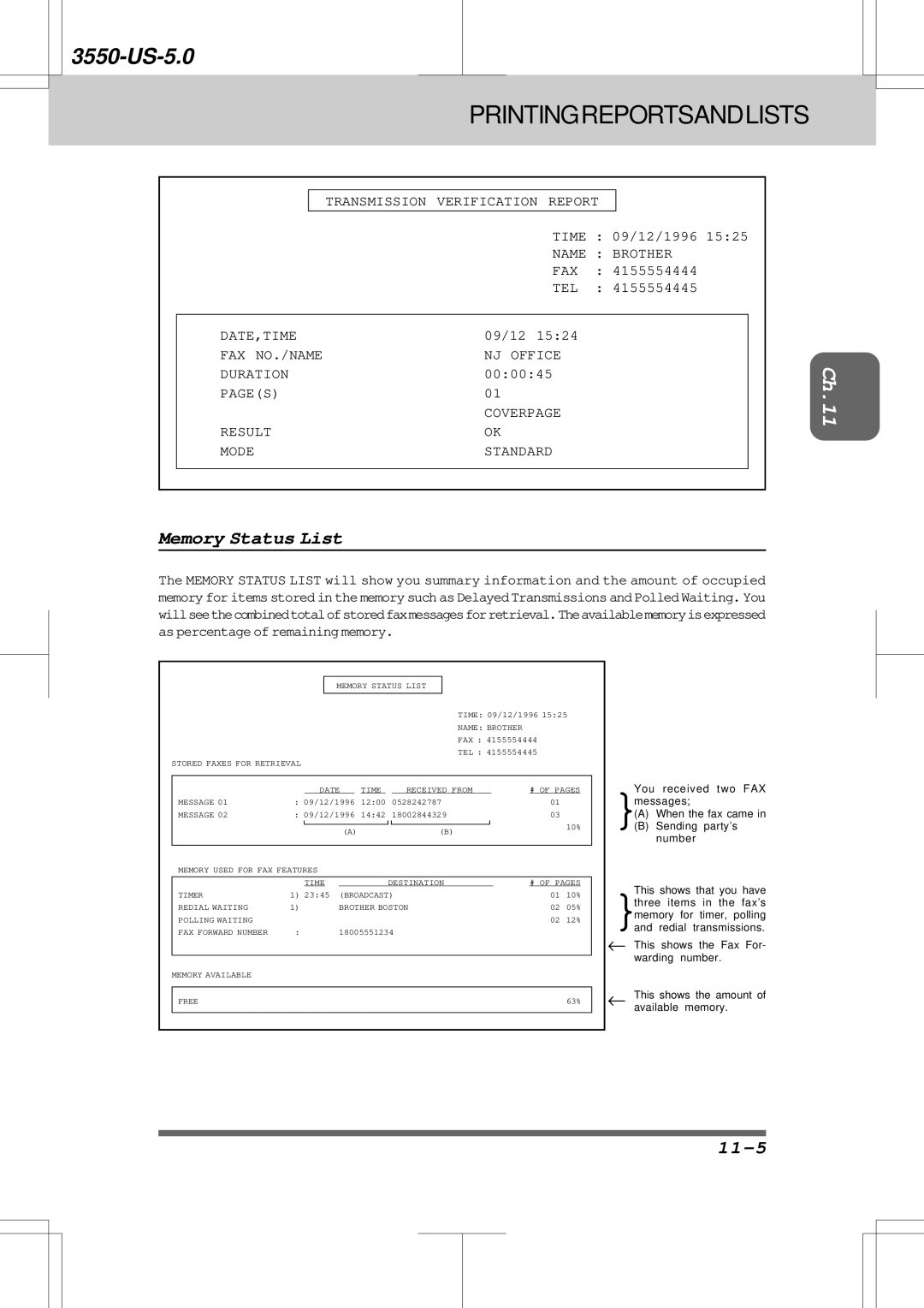 Brother 3550 manual Memory Status List, 11-5, 000045 