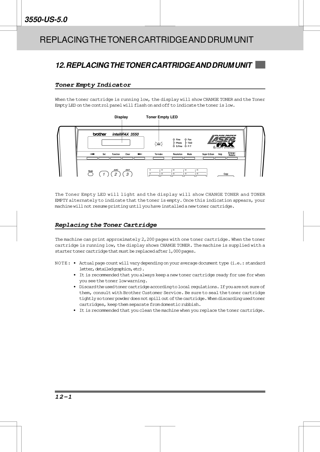 Brother 3550 manual Replacingthe Toner Cartridgeand Drum Unit, Toner Empty Indicator, Replacing the Toner Cartridge, 12-1 