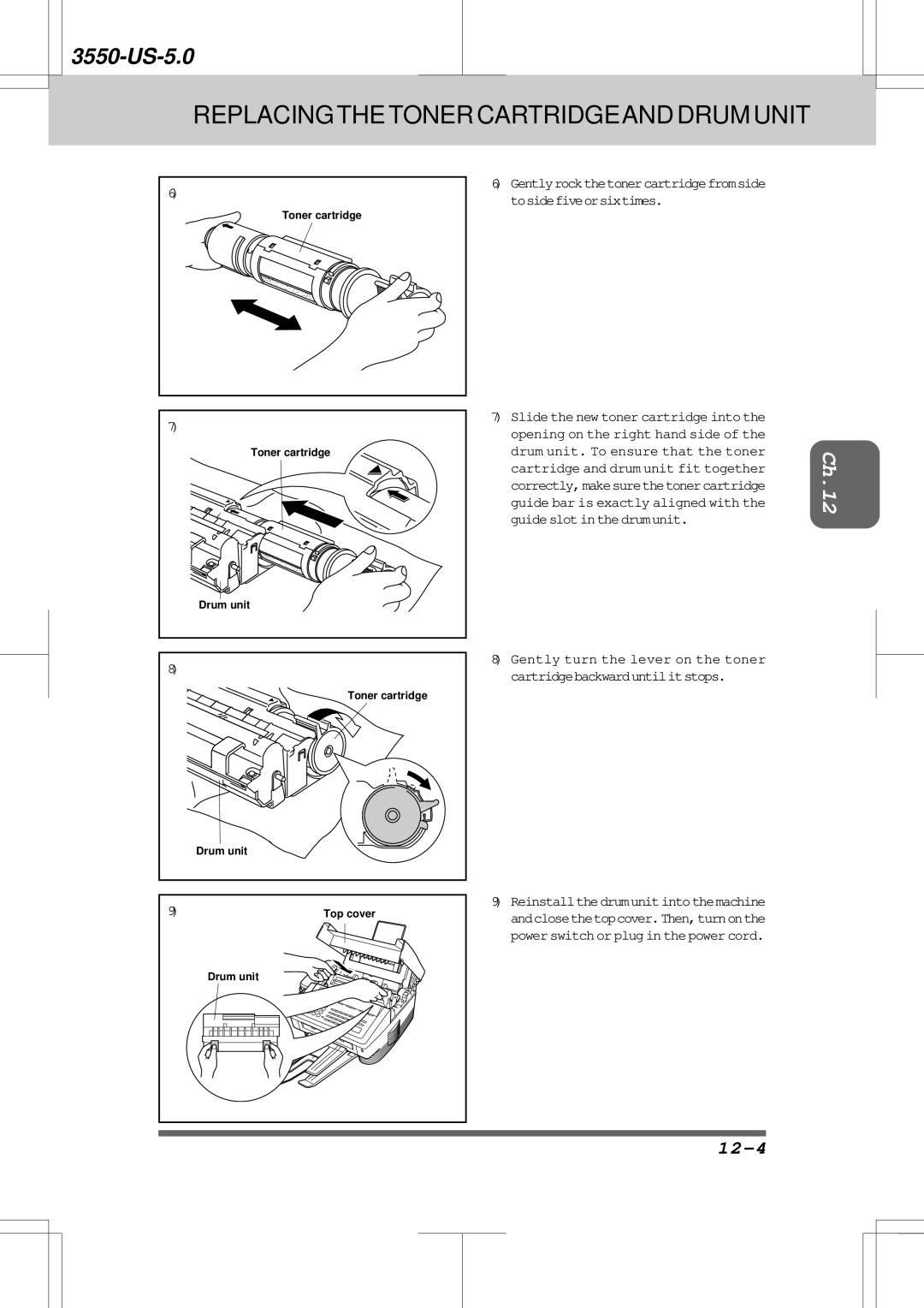 Brother 3550 manual 12-4, Gentlyrockthetonercartridgefromside tosidefiveorsixtimes 