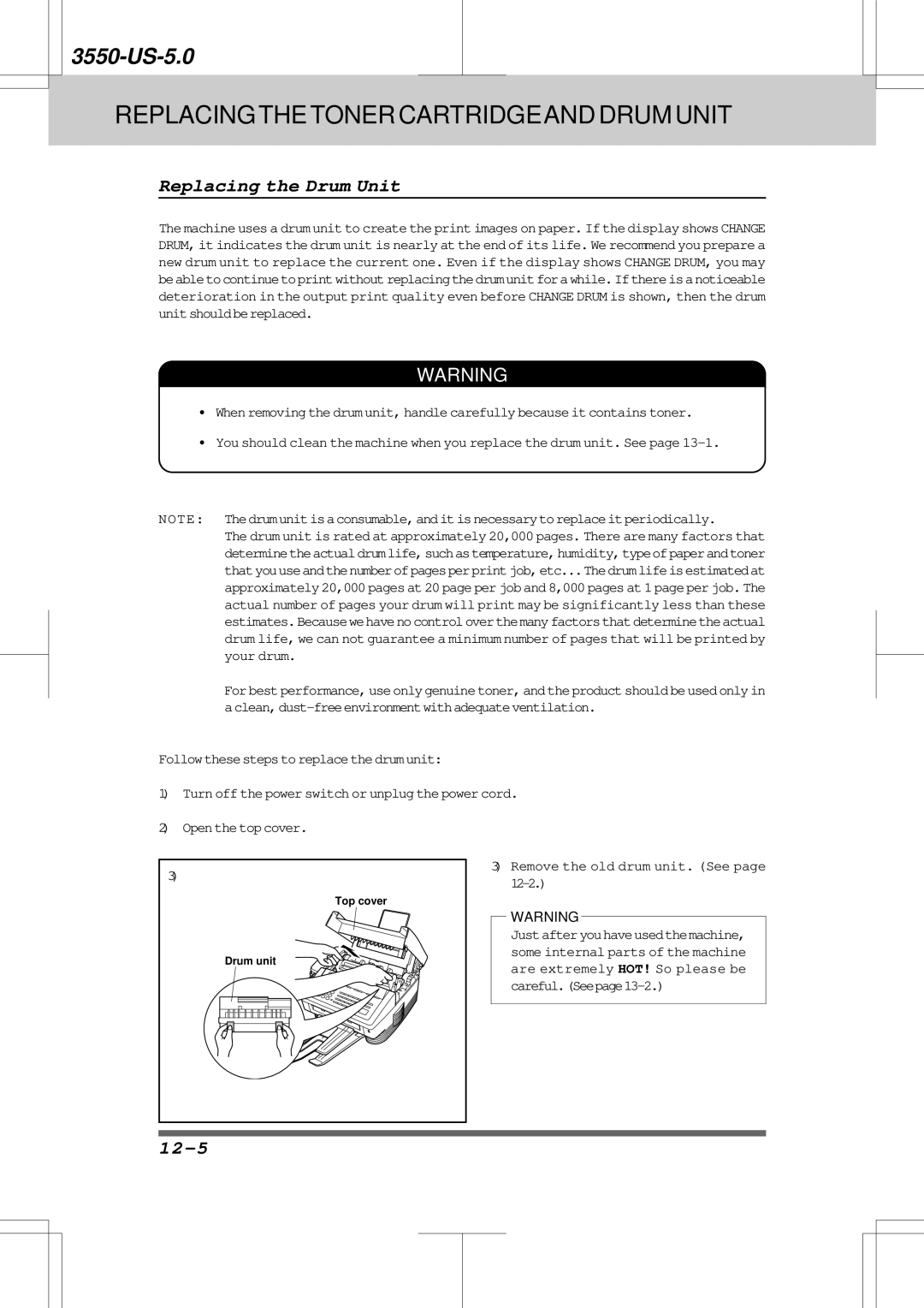 Brother 3550 manual Replacing the Drum Unit, 12-5, Remove the old drum unit. See 