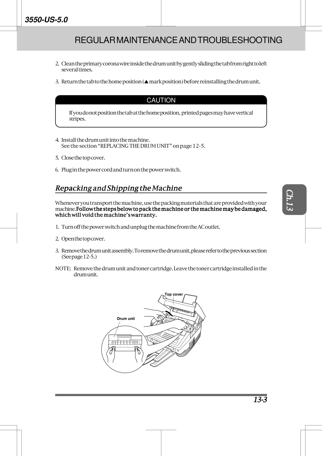Brother 3550 manual Repacking and Shipping the Machine, 13-3 