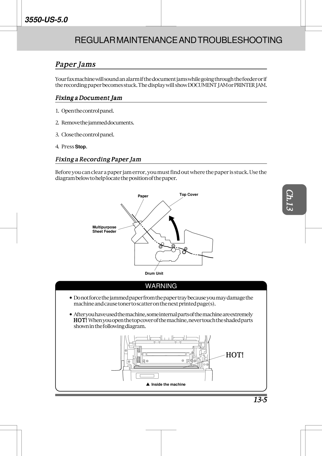 Brother 3550 manual Paper Jams, 13-5, Fixing a Document Jam, Fixing a Recording Paper Jam 