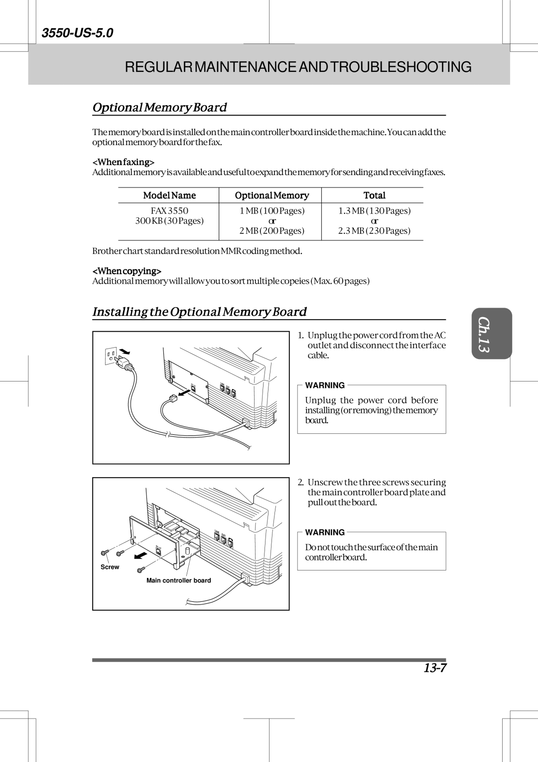 Brother 3550 manual OptionalMemoryBoard, Installing the Optional Memory Board, 13-7 