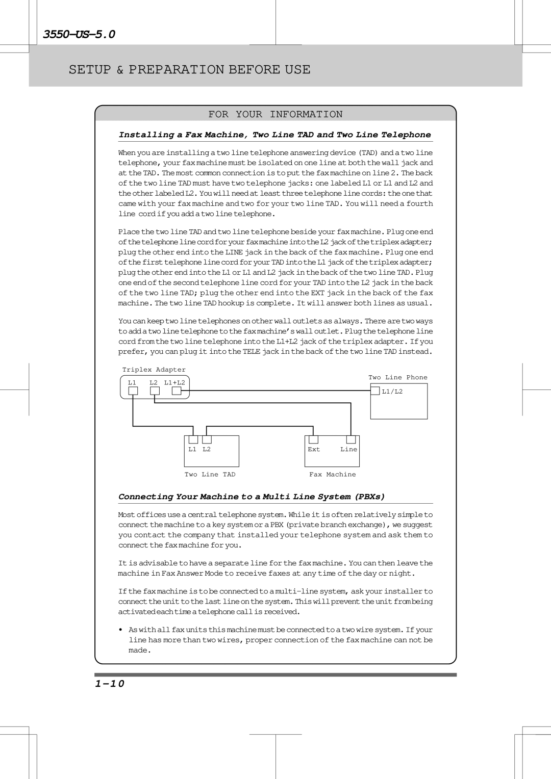 Brother 3550 manual Connecting Your Machine to a Multi Line System PBXs 