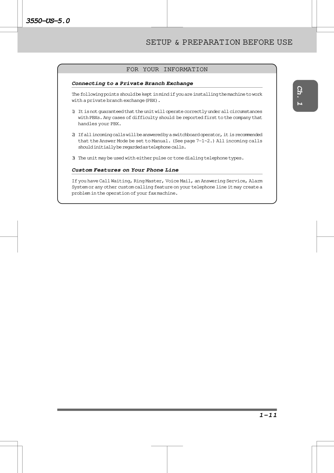 Brother 3550 manual Connecting to a Private Branch Exchange, Custom Features on Your Phone Line 