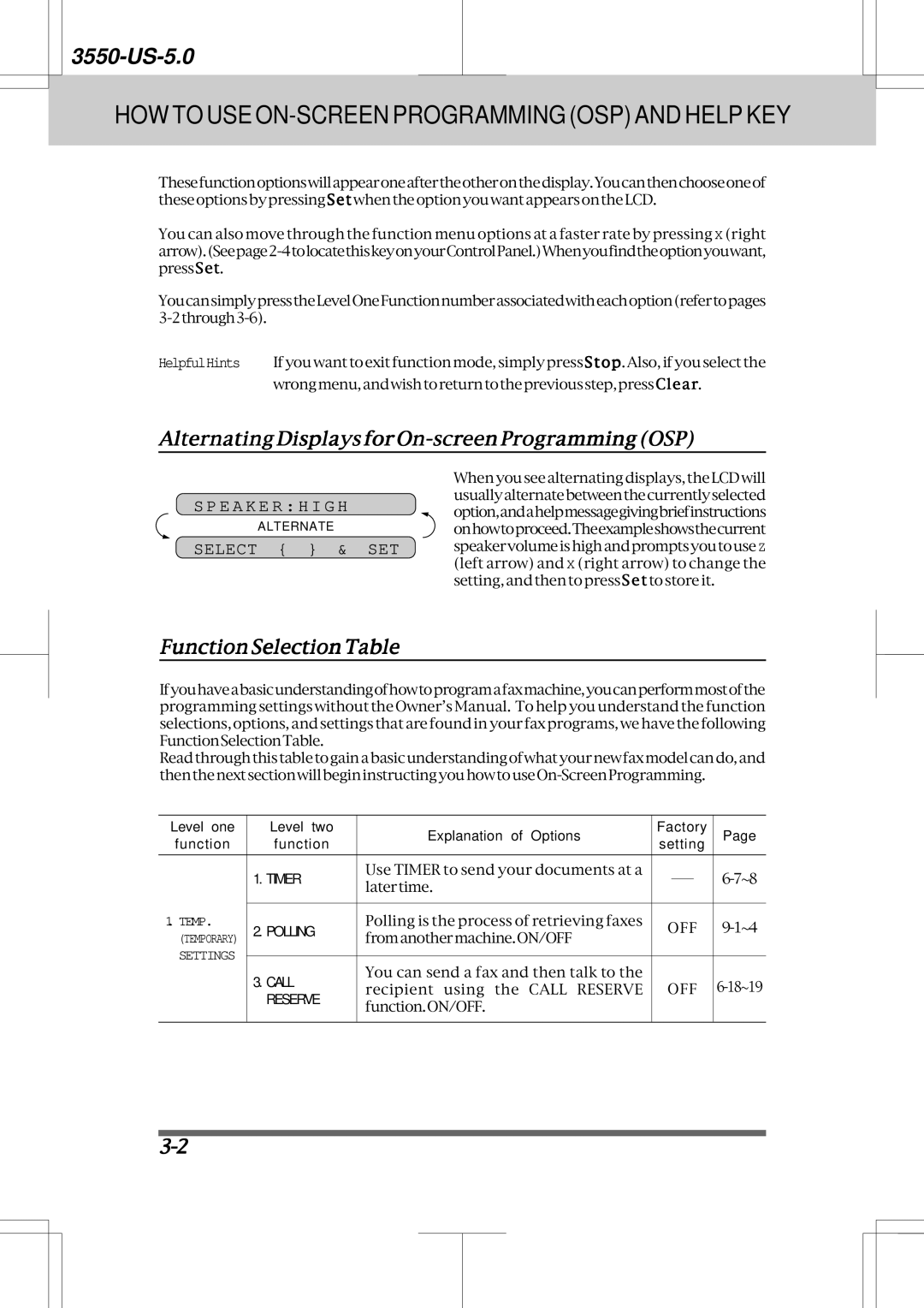 Brother 3550 manual Alternating Displays for On-screen Programming OSP, FunctionSelectionTable, Select & SET, Temp 