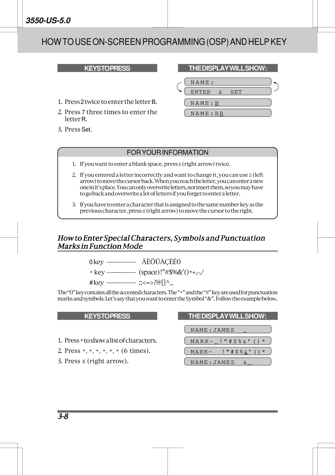 Brother 3550 manual Enter & SET, Namejames 