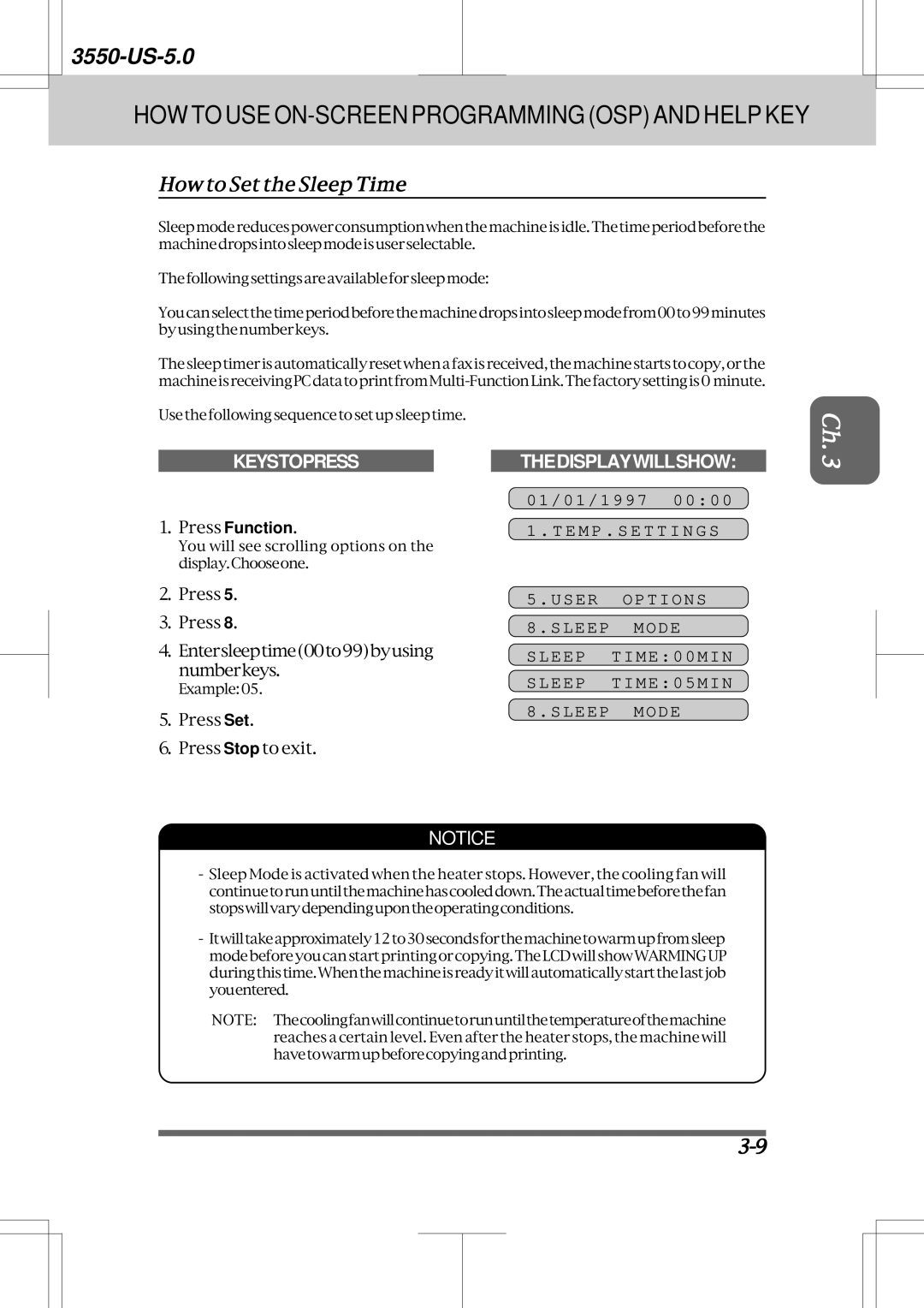 Brother 3550 manual How to Set the Sleep Time, User Options, Sleep Mode, Sleep TIME00MIN, Sleep TIME05MIN 