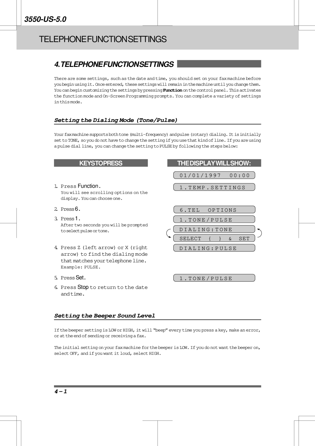 Brother 3550 Telephonefunctionsettings, Setting the Dialing Mode Tone/Pulse, Setting the Beeper Sound Level, TEL Options 