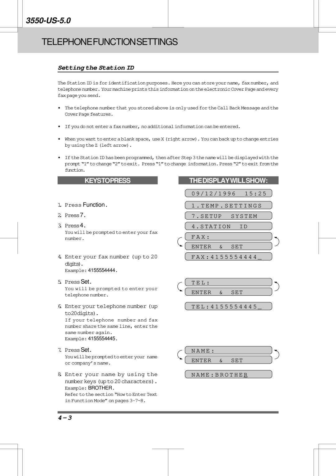 Brother 3550 manual Setting the Station ID, Station ID F a Enter & SET, You will be prompted to enter your fax number 