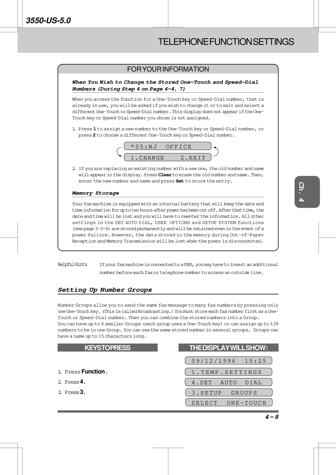 Brother 3550 manual Setting Up Number Groups, 05NJ Office Change 2.EXIT, Setup Groups Select ONE-TOUCH, Memory Storage 