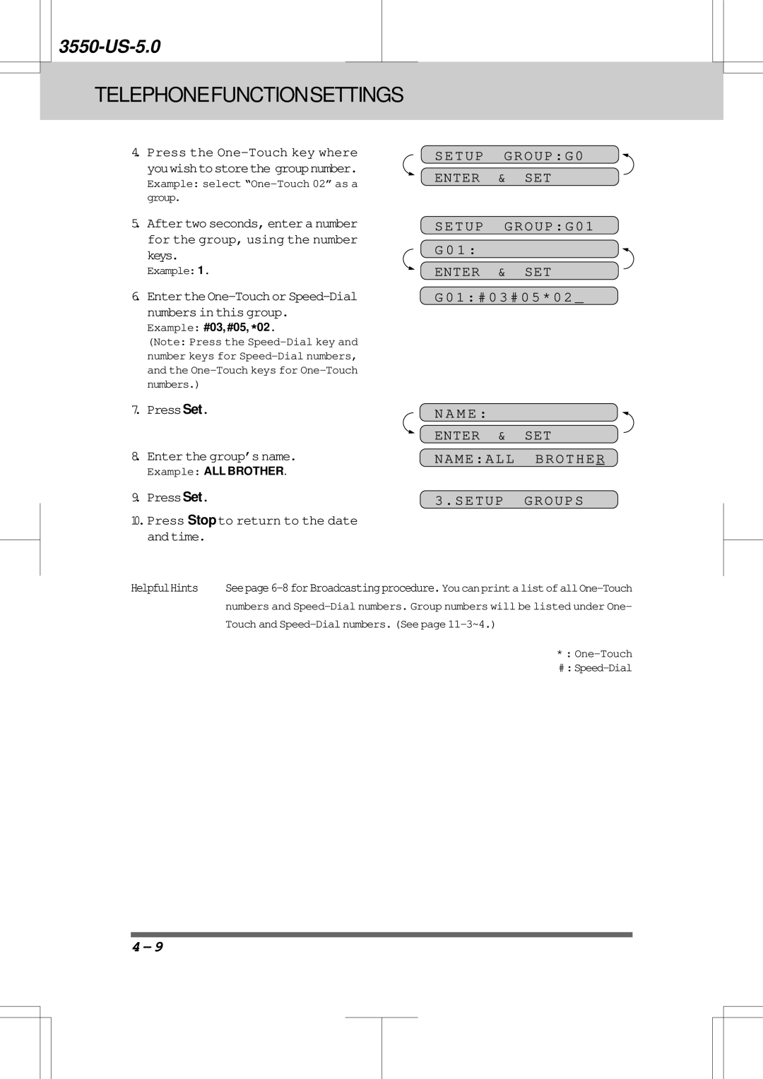 Brother 3550 manual Setup GROUPG0 Enter & SET, Setup GROUPG01 G 0 Enter & SET, Enter & SET Nameall Brother Setup Groups 