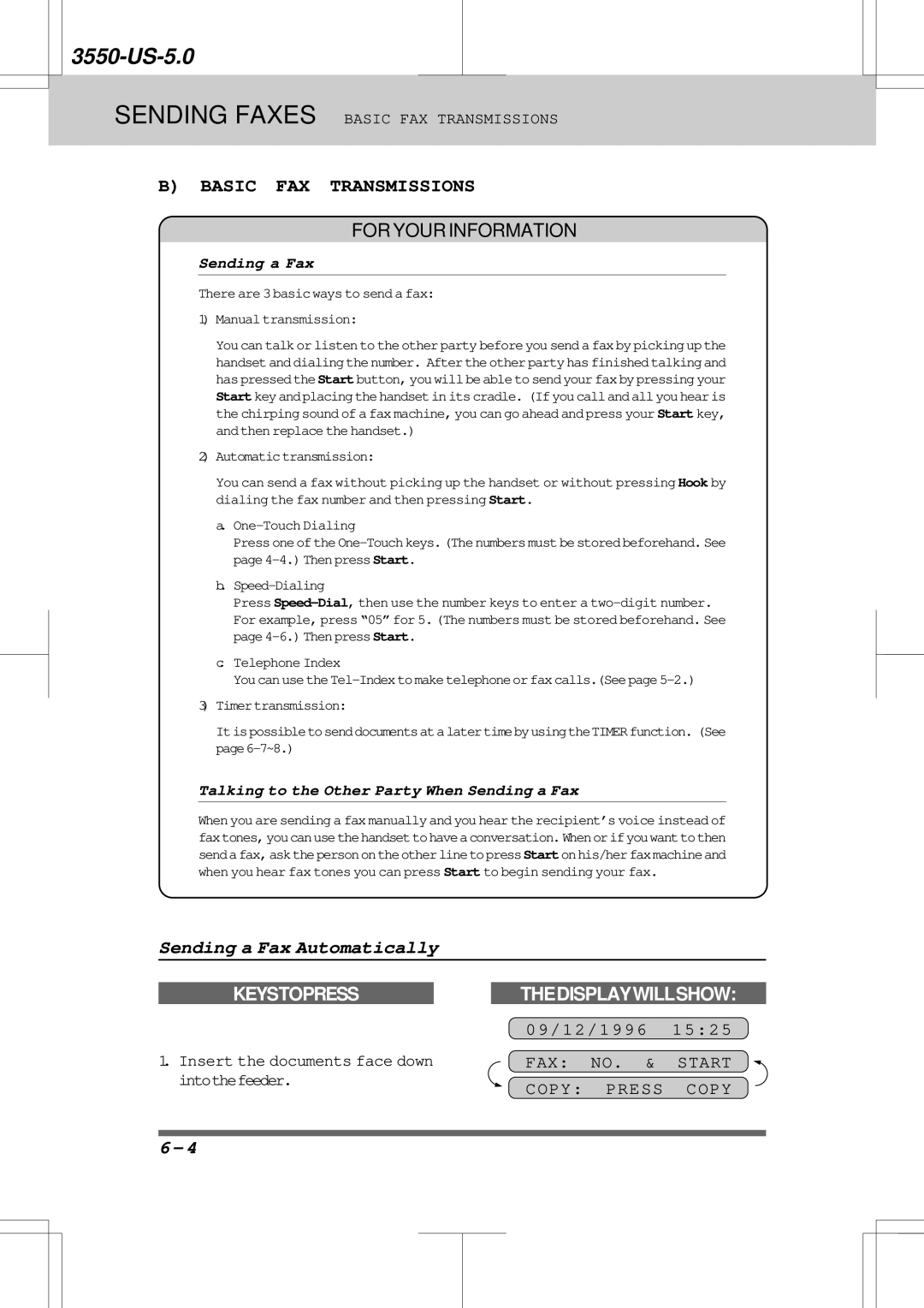 Brother 3550 manual Sending a Fax Automatically, FAX Start, Copy Press, Talking to the Other Party When Sending a Fax 