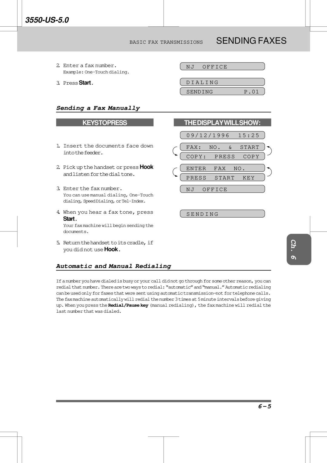 Brother 3550 manual Sending a Fax Manually, Automatic and Manual Redialing, NJ Office A L I N G Sending P.01 