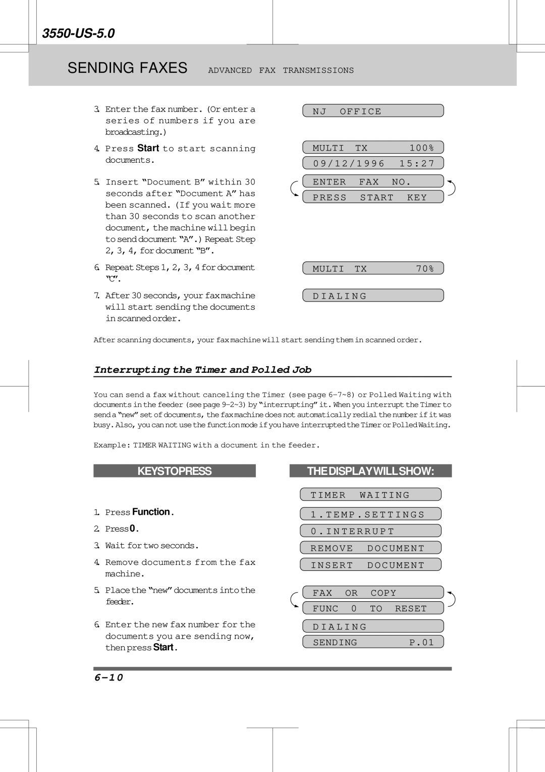 Brother 3550 Interrupting the Timer and Polled Job, NJ Office Multi, Enter FAX Press Start KEY Multi TX, Timer Waiting 