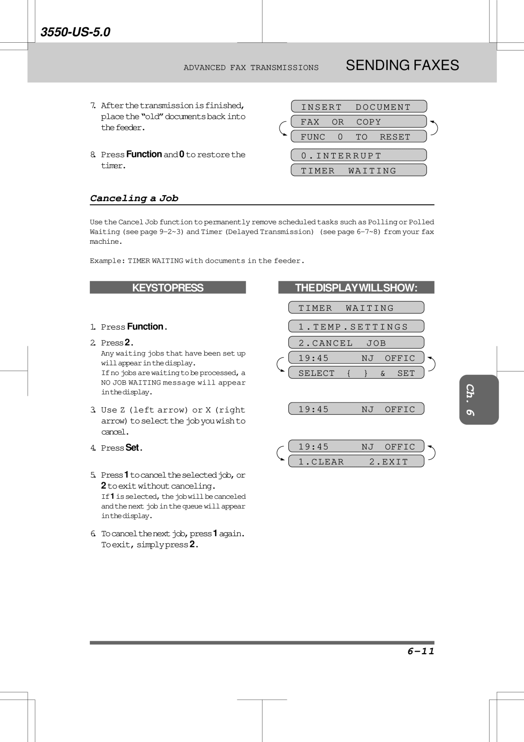 Brother 3550 manual Canceling a Job, Insert Document FAX or Copy Func 0 to Reset, Cancel JOB, Offic, Clear Exit 