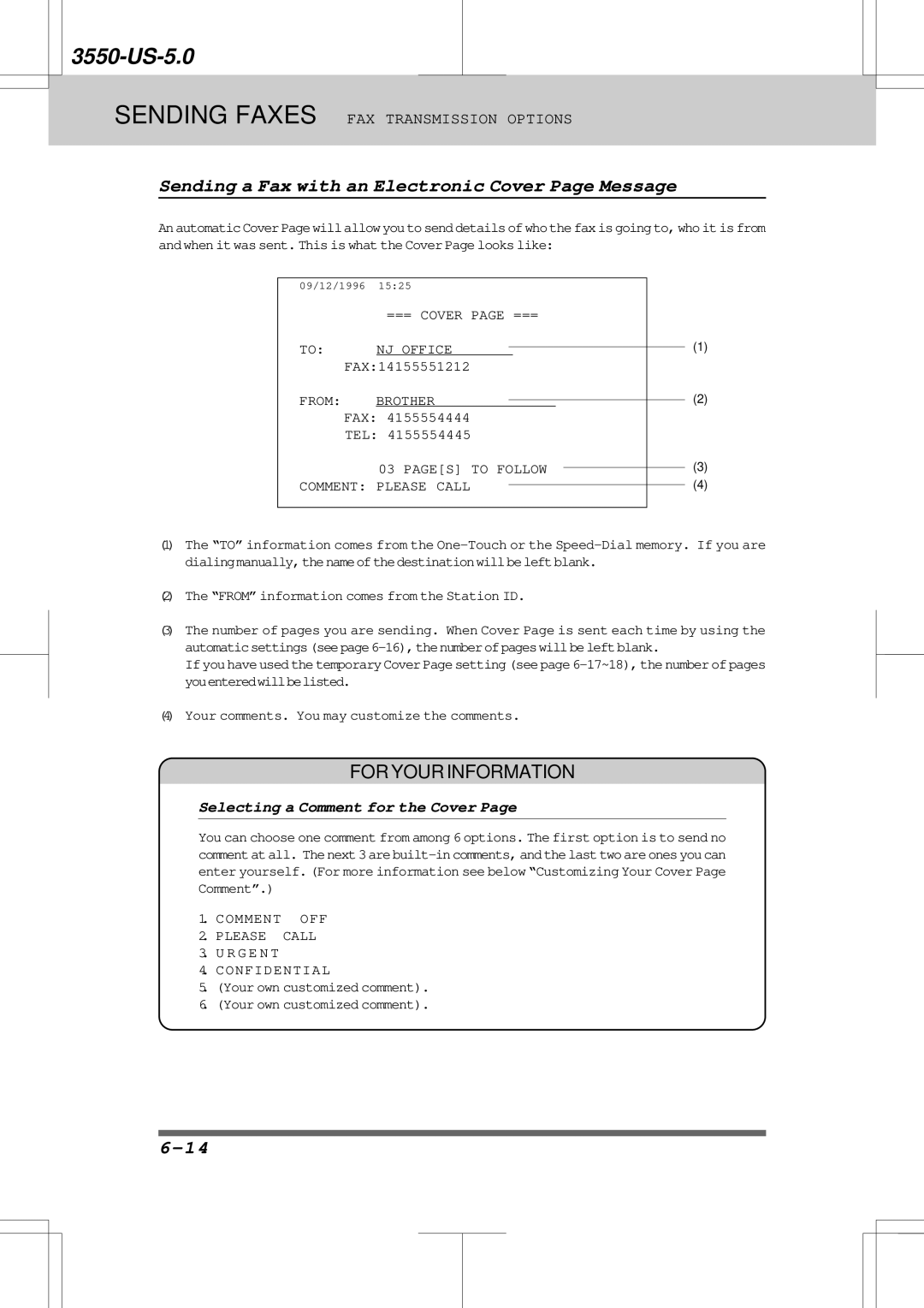 Brother 3550 manual Sending a Fax with an Electronic Cover Page Message, Selecting a Comment for the Cover 