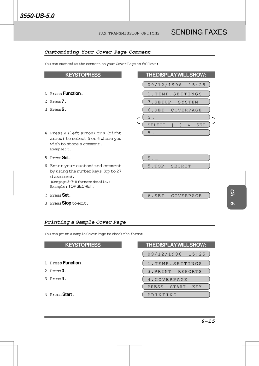 Brother 3550 Customizing Your Cover Page Comment, Printing a Sample Cover, Setup System SET Coverpage Select TOP Secre T 