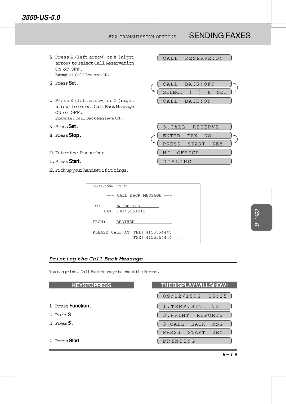 Brother 3550 manual Printing the Call Back Message, Call Reserveon Call Backoff Select & SET Call Backon 