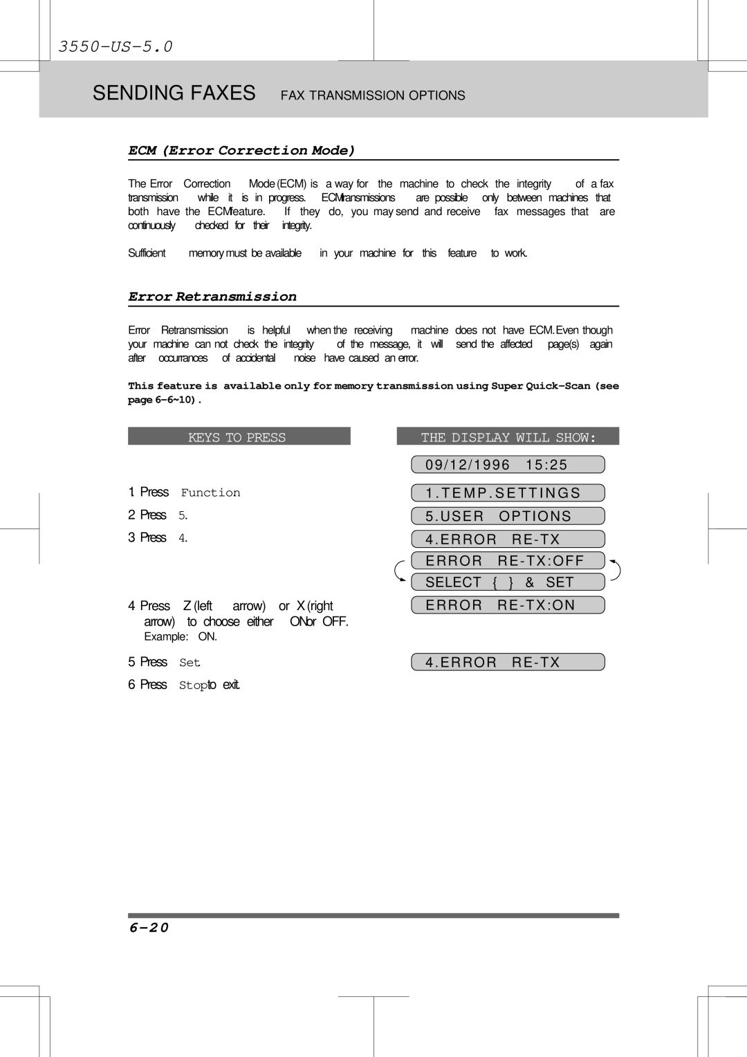 Brother 3550 manual ECM Error Correction Mode, Error Retransmission, Error RE-TX Error RE- Txoff Select & SET Error RE-TXON 