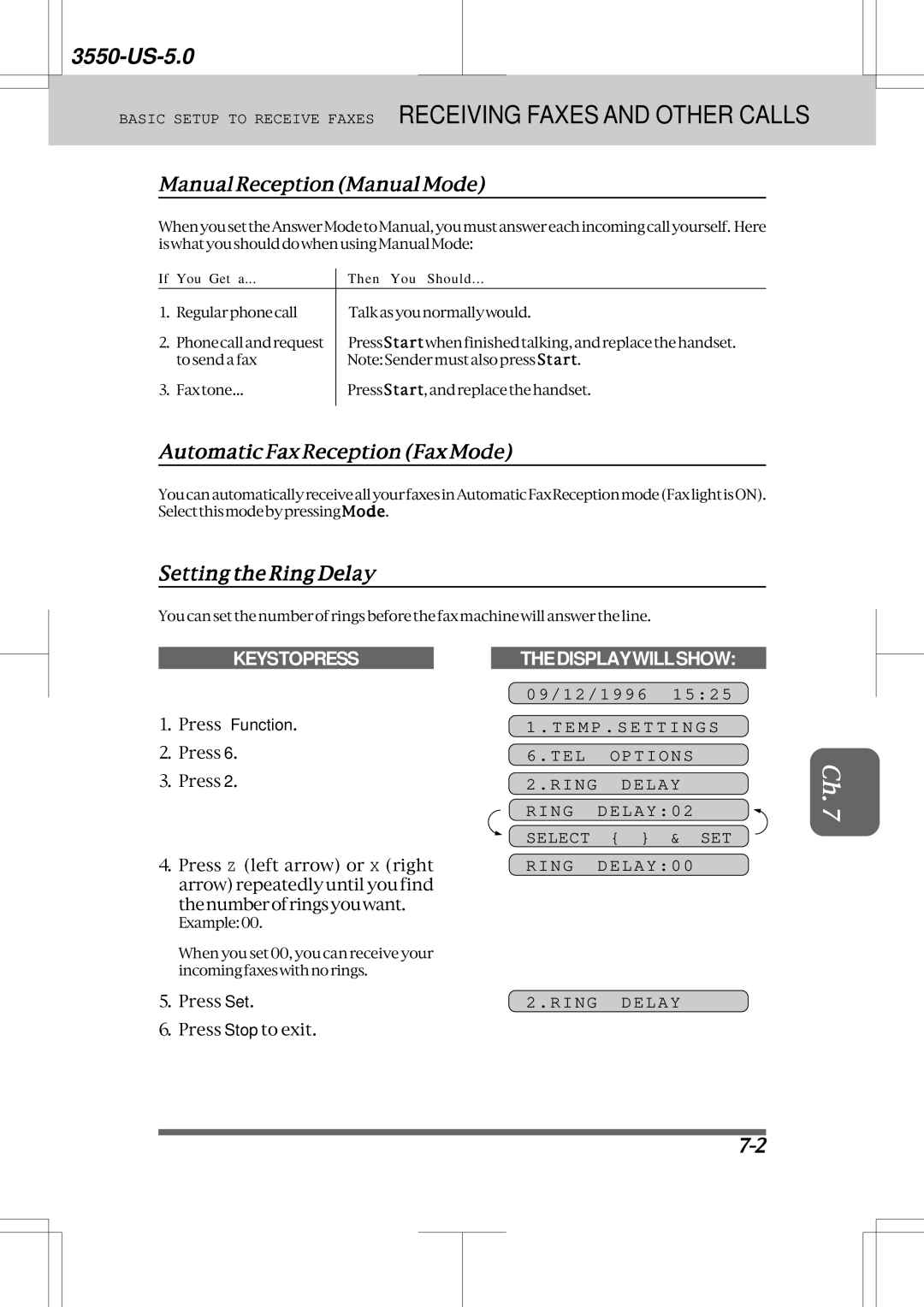 Brother 3550 manual ManualReceptionManualMode, AutomaticFaxReceptionFaxMode, Setting the Ring Delay 