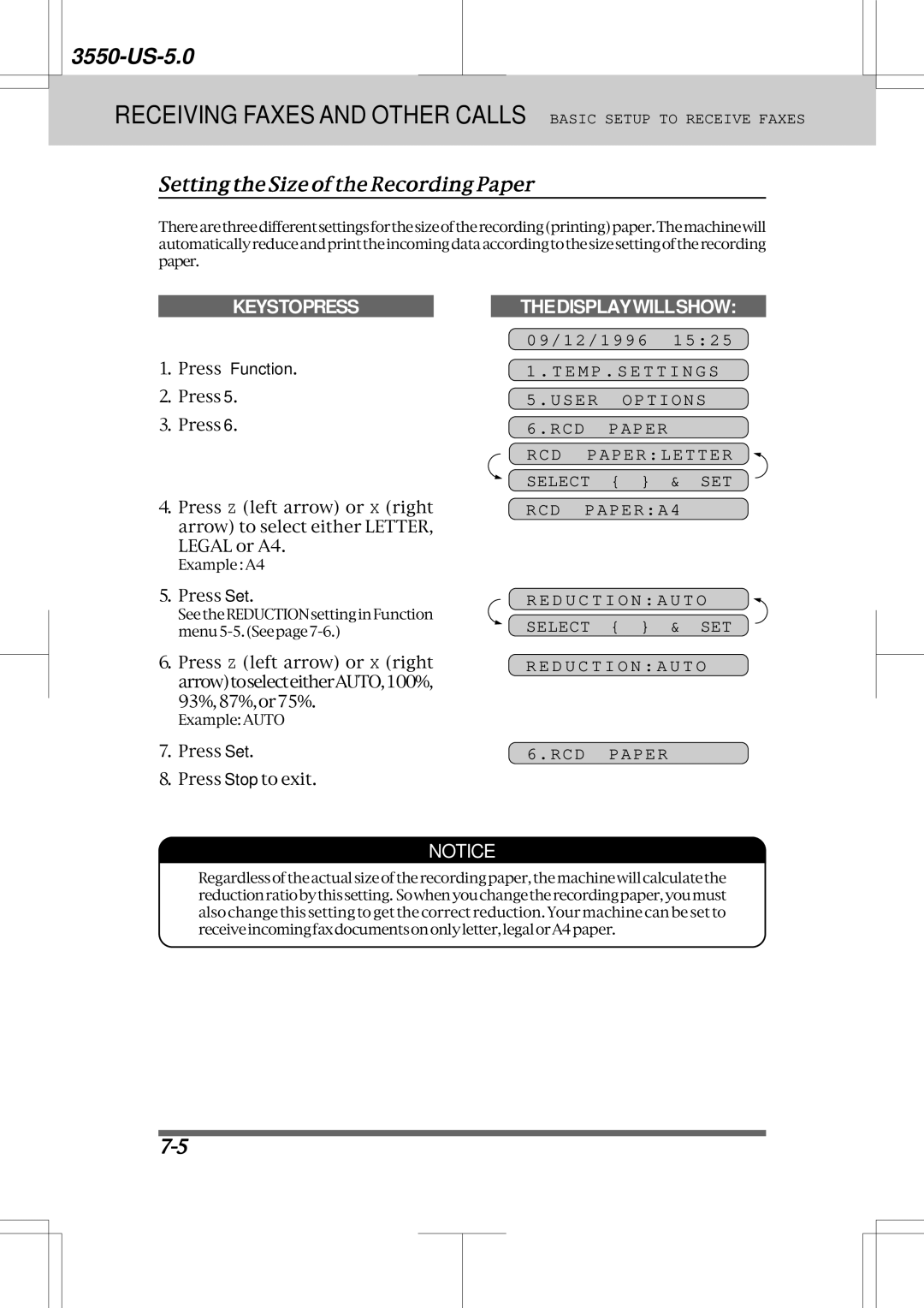 Brother 3550 manual Setting the Size of the Recording Paper, RCD Paper RCD Paperletter Select & SET RCD PAPERA4 