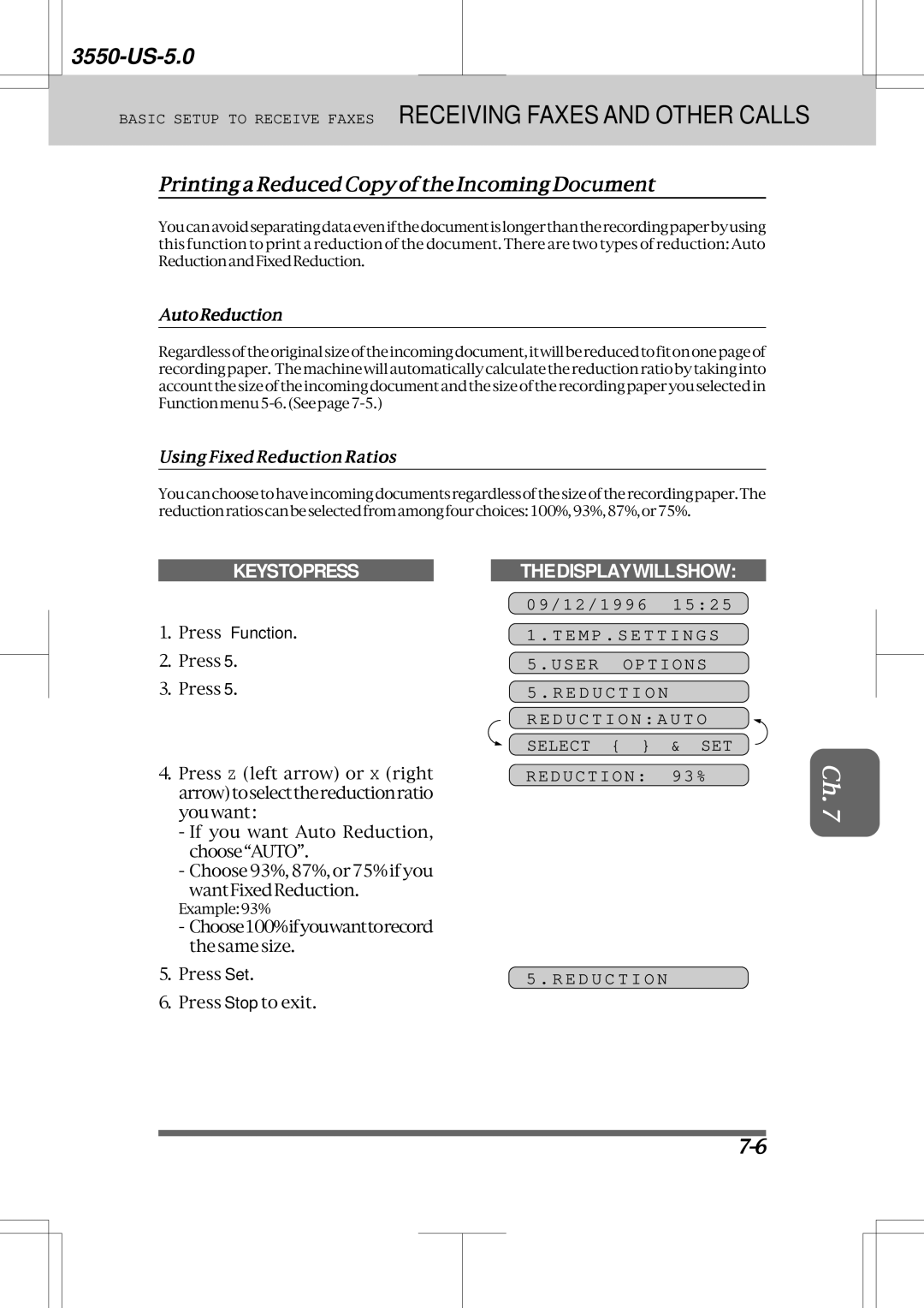 Brother 3550 PrintingaReducedCopyoftheIncomingDocument, D U C T I O N a U T O Select & SET Reduction 93%, AutoReduction 