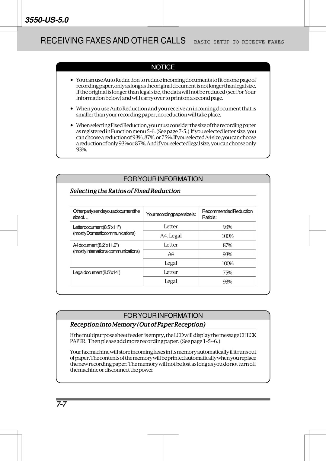 Brother 3550 manual Selecting the Ratios of Fixed Reduction, ReceptionintoMemoryOutofPaperReception 