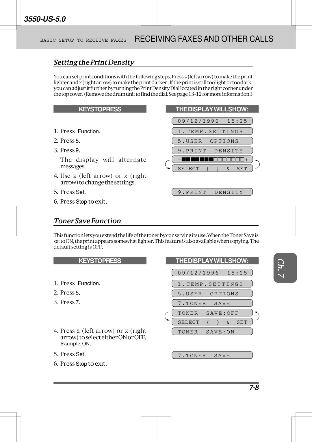 Brother 3550 manual Setting the Print Density, TonerSaveFunction, Toner Save Toner Saveoff Select & SET Toner Saveon 