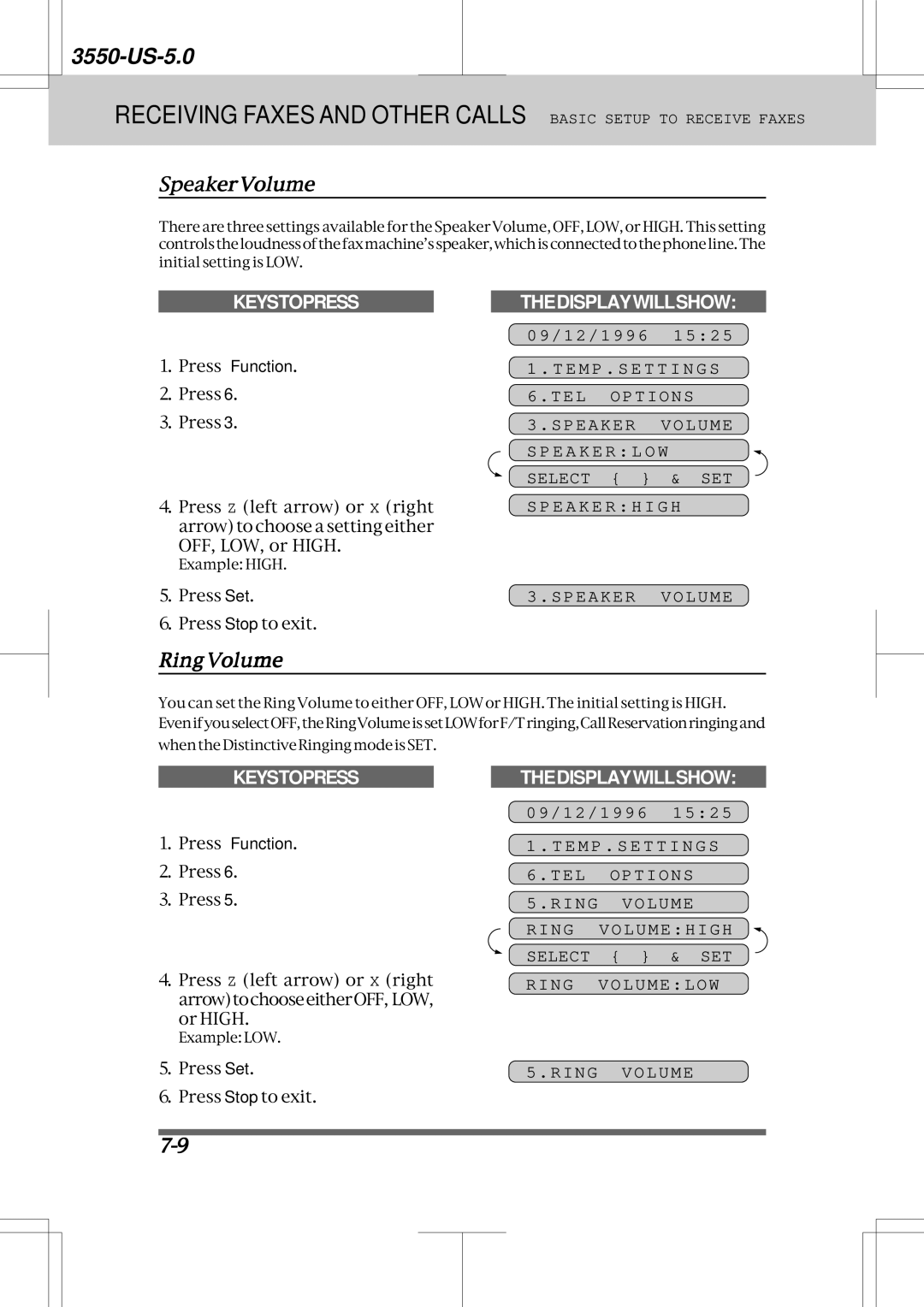 Brother 3550 manual SpeakerVolume, RingVolume, Speaker Volume S P E a K E R L O W Select & SET 