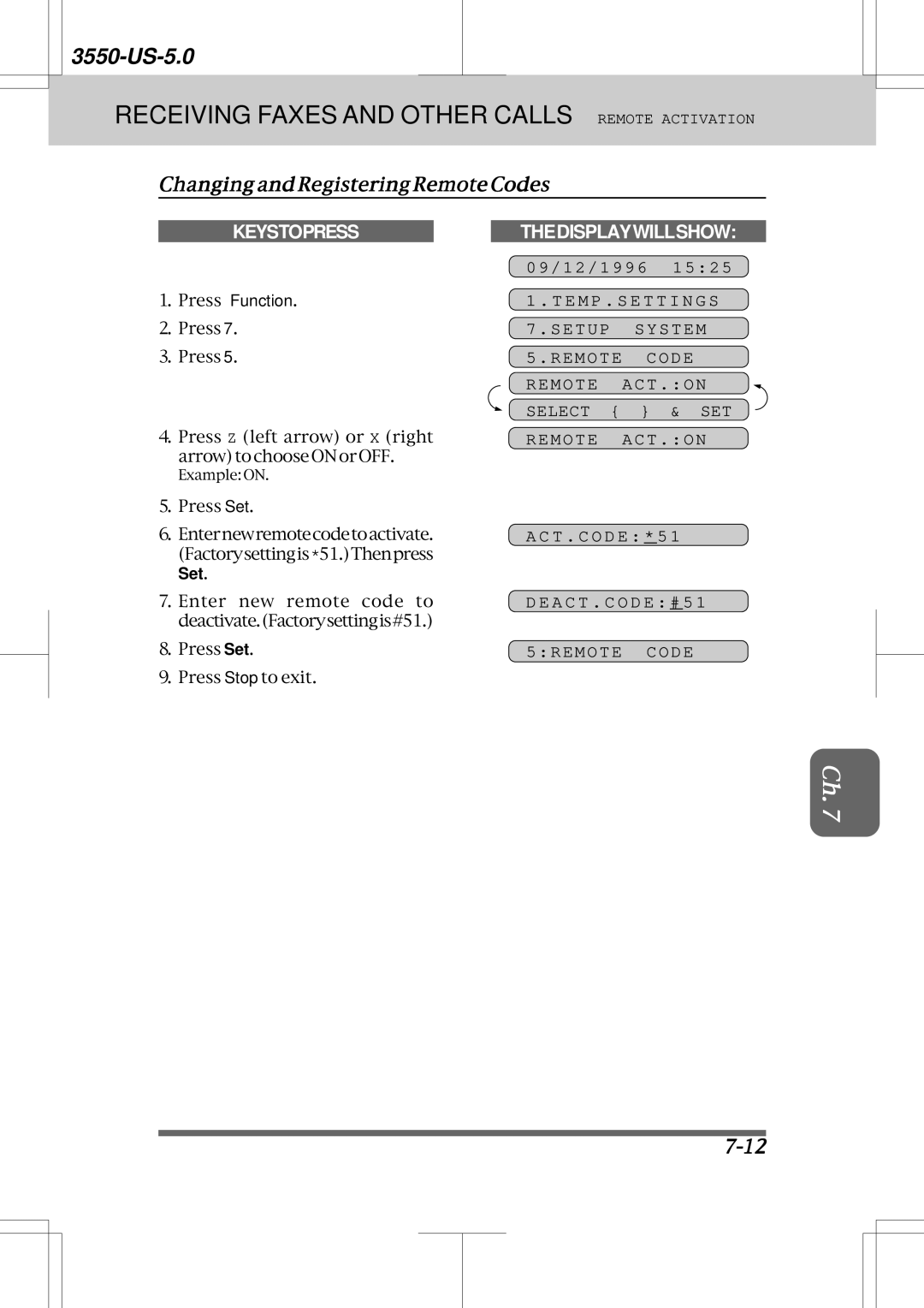 Brother 3550 manual ChangingandRegisteringRemoteCodes, Remote Code Remote ACT.ON Select & SET Remote ACT.ON, 5REMOTE Code 