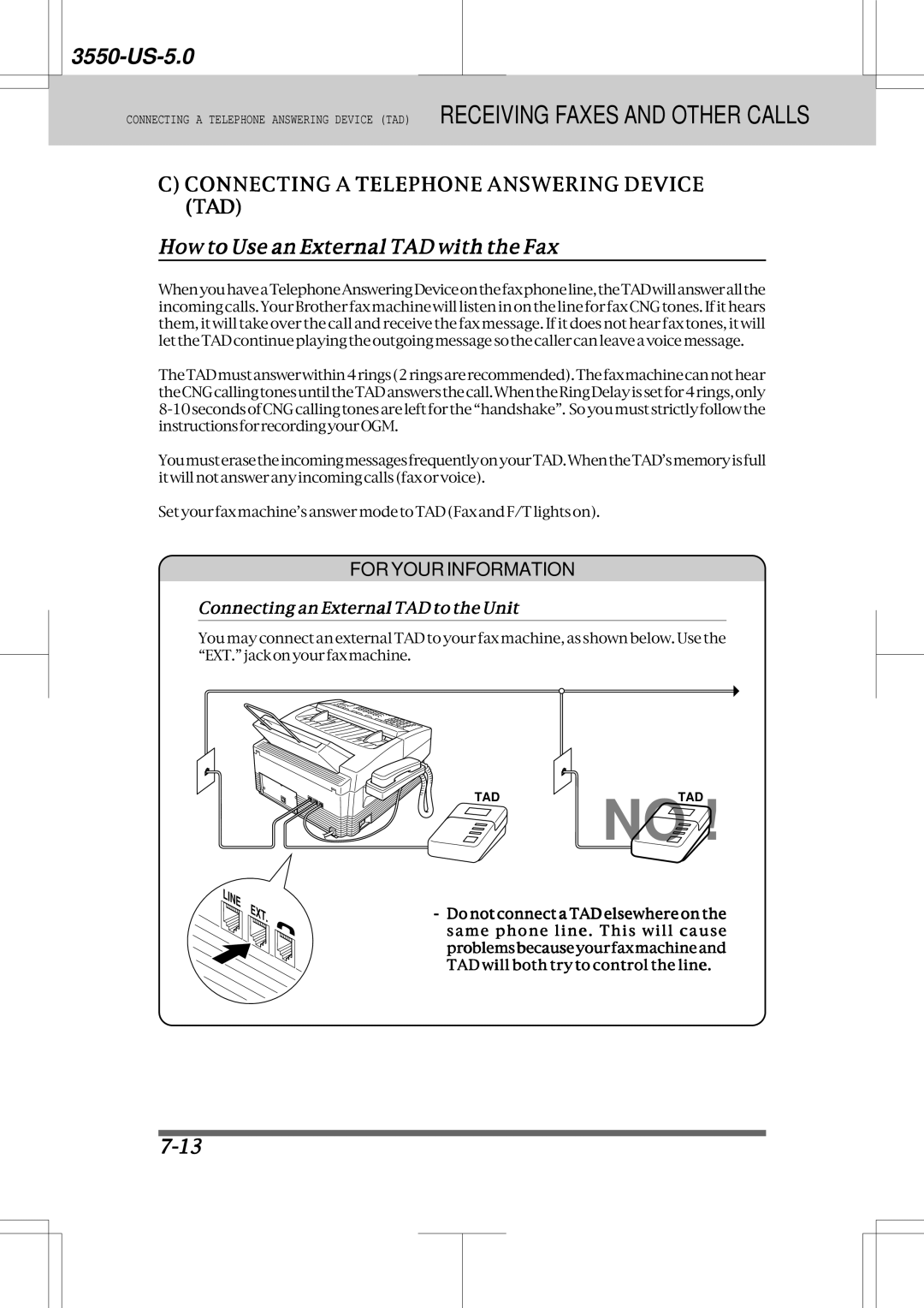 Brother 3550 manual How to Use an External TAD with the Fax, Connecting an External TAD to the Unit 