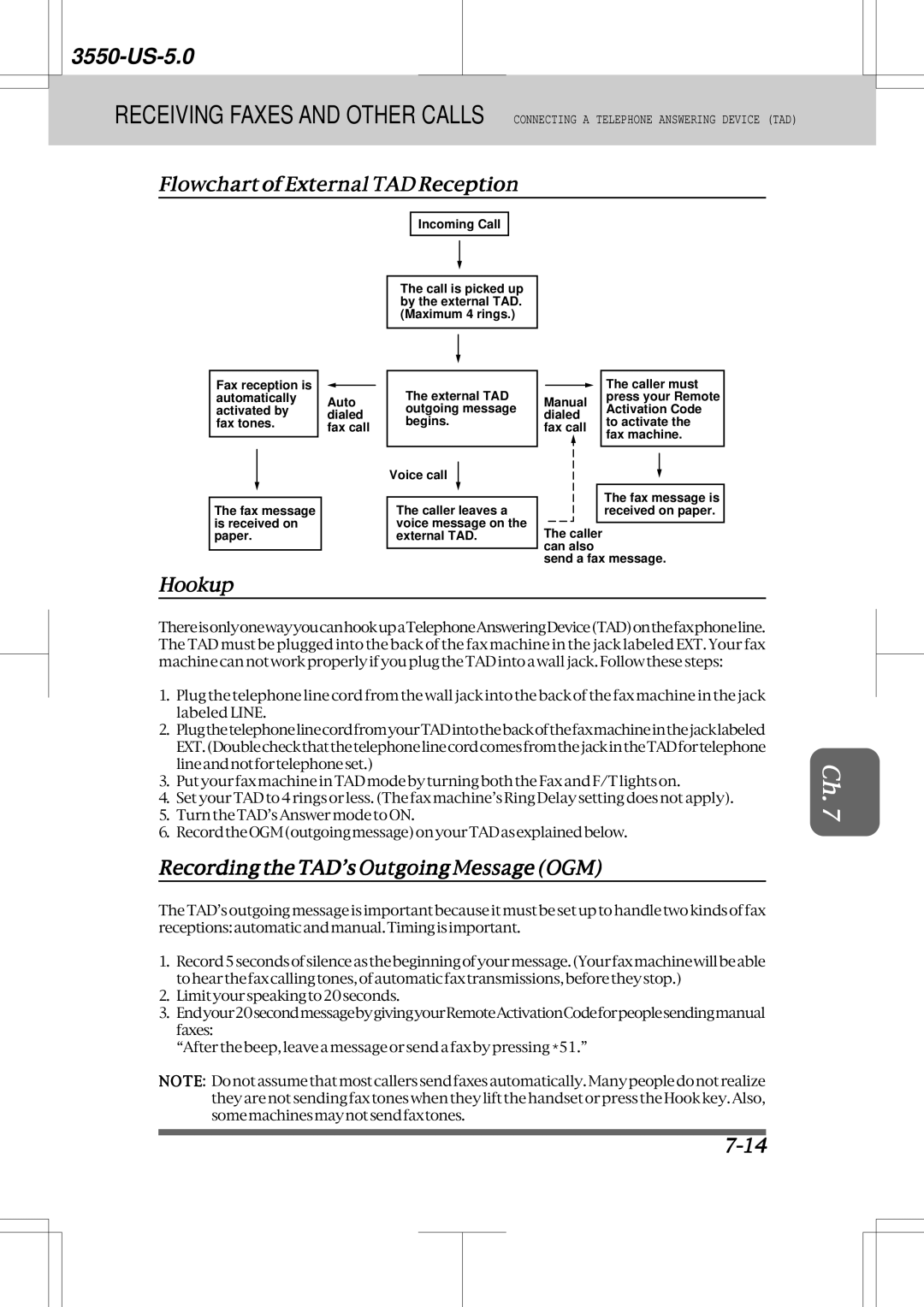 Brother 3550 manual Flowchart of External TAD Reception, Hookup, RecordingtheTAD’sOutgoingMessageOGM 