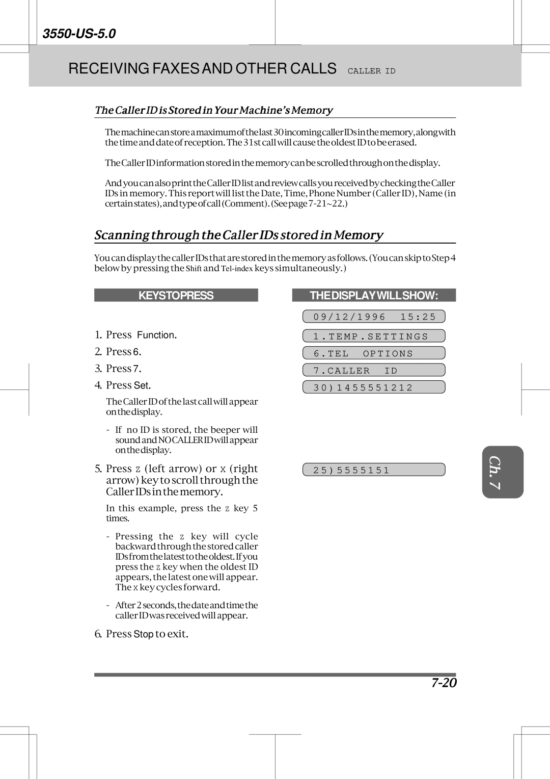 Brother 3550 Receiving Faxes and Other Calls Caller ID, Scanning through the Caller IDs stored in Memory, 5 5 5 5 1 5 