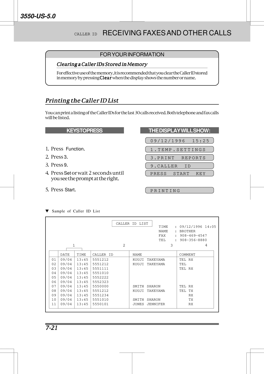 Brother 3550 manual Printing the Caller ID List, Print Reports Caller ID Press Start KEY I N T I N G 