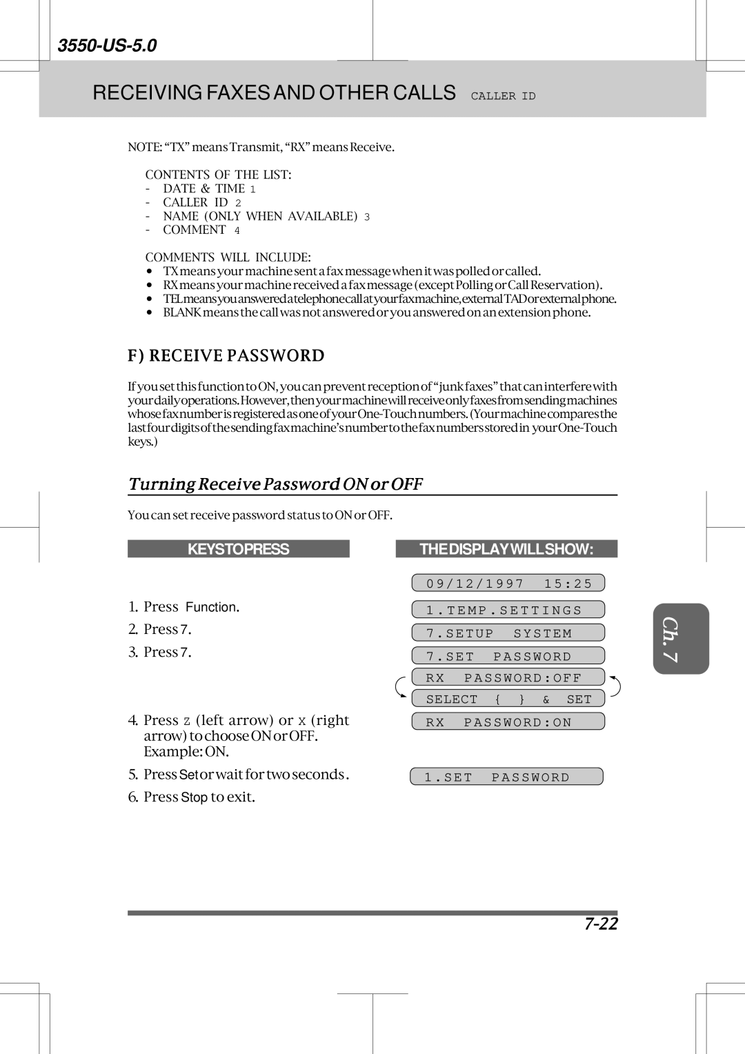 Brother 3550 manual Turning Receive Password on or OFF, SET Password RX Passwordoff Select & SET RX Passwordon 