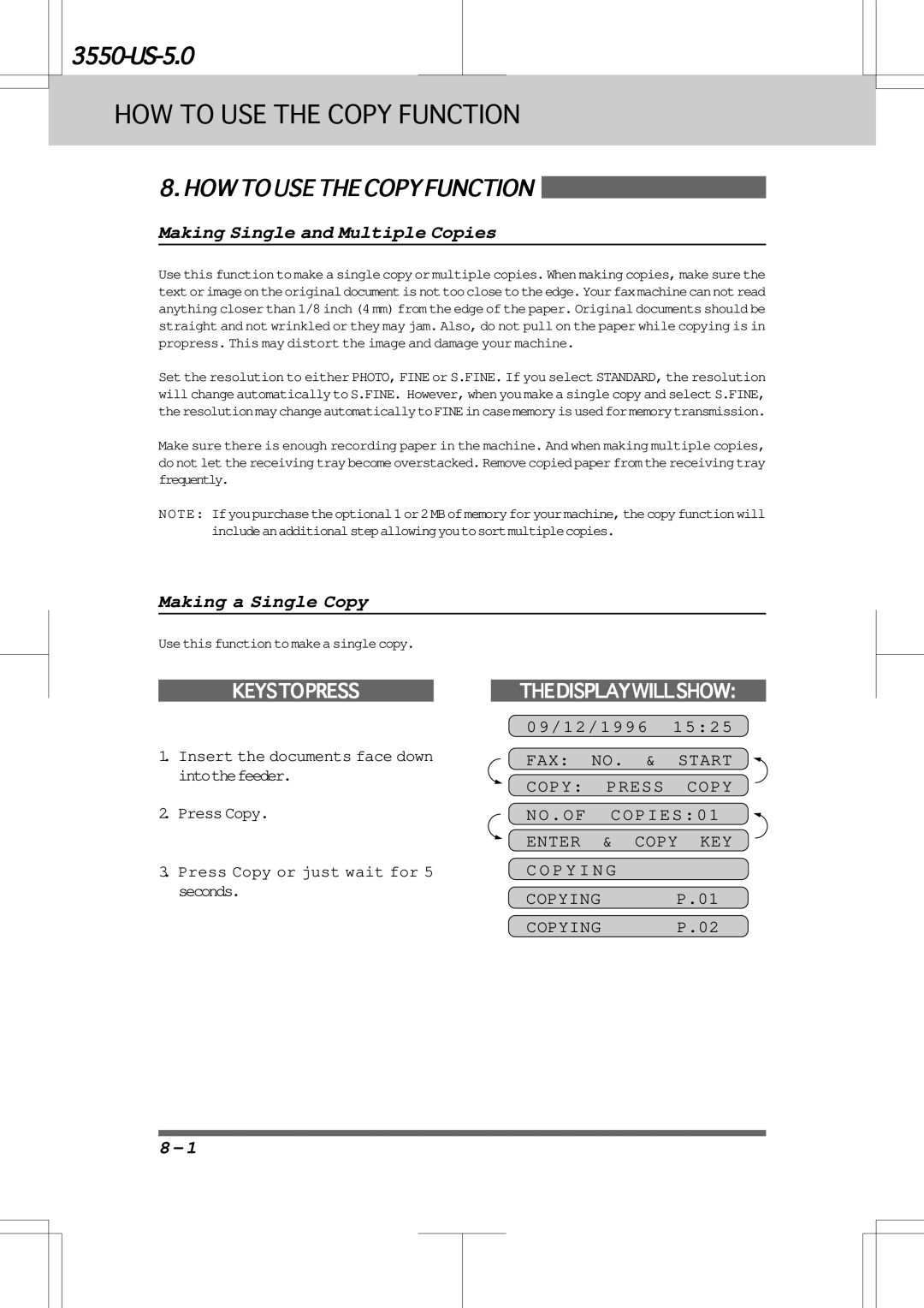 Brother 3550 manual Making Single and Multiple Copies, Making a Single Copy, Enter & Copy KEY C O P Y I N G Copying 