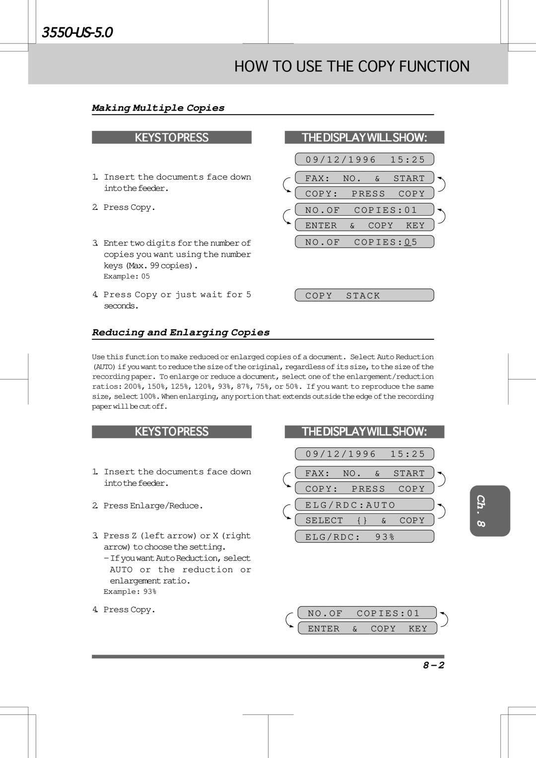 Brother 3550 manual Making Multiple Copies, Reducing and Enlarging Copies, Enter & Copy KEY no . of Copies 0 Copy Stack 